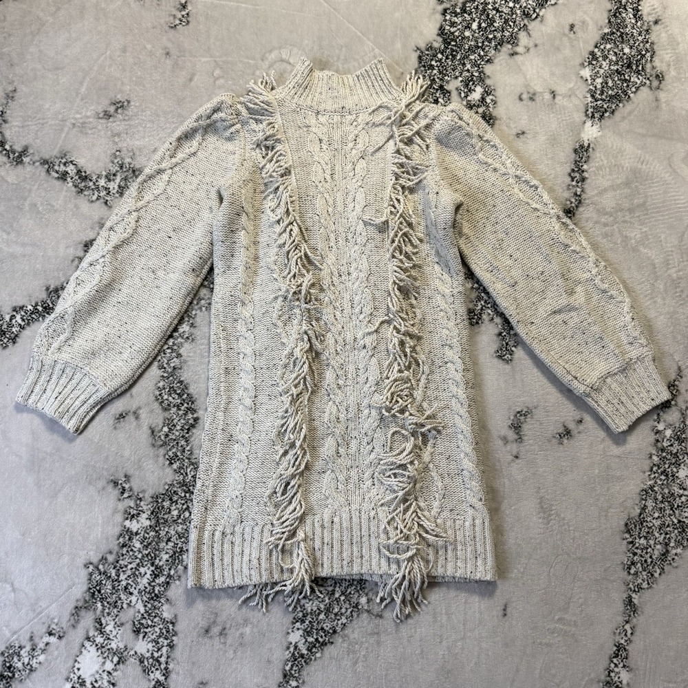 Line & Dot Daria Womens M Ivory Speckled Cable Knit Fringe Sweater Dress Boho